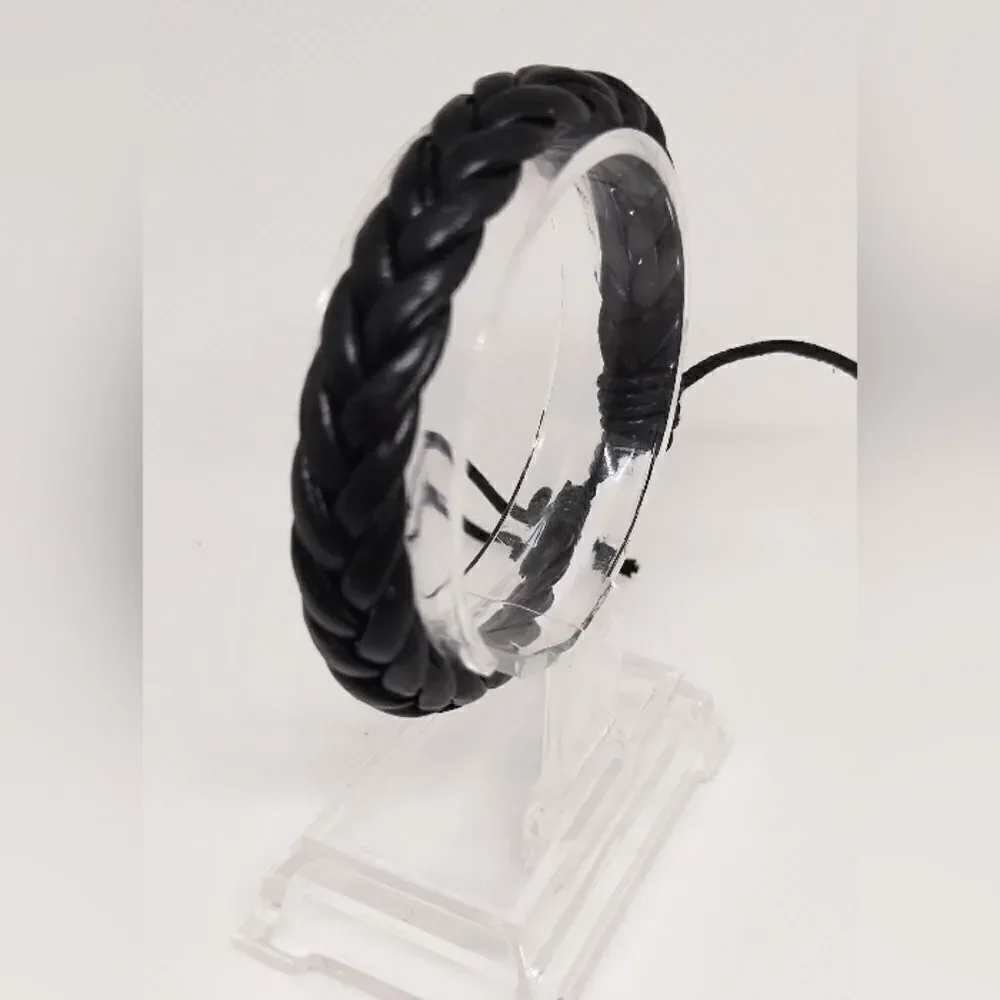 Men's bracelet‎ leather braided black new d100